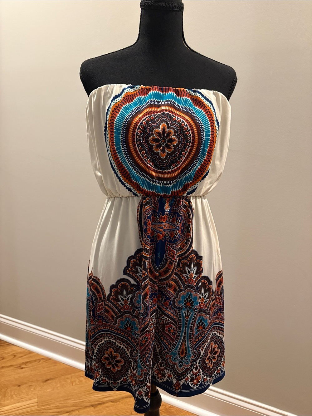 Strapless Boho Print Sundress - Cream with Teal & Rust Accents